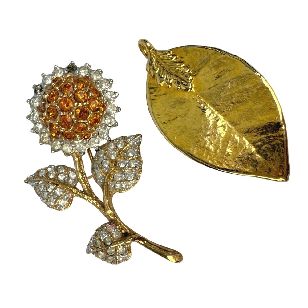 Vintage Estate Gold Tone Rhinestone Flower Brooch & Leaf Pendant Costume Jewelry